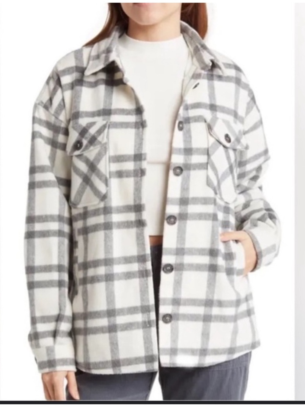 Thread & Supply Grey and White Plaid Polar Fleece Shacket Jacket Size Medium